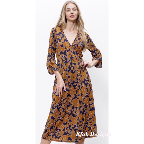 LAST ONE! V Neck Knit Midi Floral Print Wrap Dress! - Picture 2 of 11